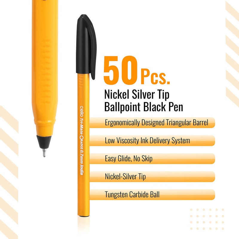 Cello Tri-Mate Orange Ballpoint Pens Medium Point Biro, (Black, Pack