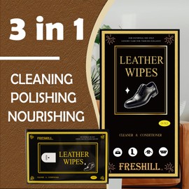 Freshill Leather Cleaner Wipes with Conditioner for Shoes, Boots, Purses,Couch,Furniture Polish & Car Interior, Prevents Fading & Cracking, Cleaning Wipes for Faux & Vinyl, 3-Pack