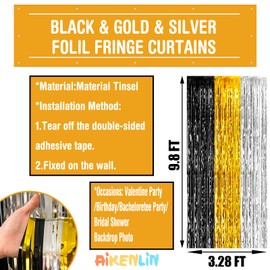 4 Pack 3.2Ft x 9.8Ft Black Gold Silver Foil Fringe Curtain Backdrop, Metallic Tinsel Foil Fringe Streamers Curtains Background for Photo Booth, Birthday, Wedding, Mardi Gras, Carnival Party Decoration