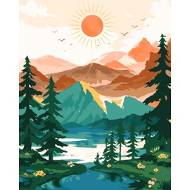 Yunnuo Landscape Paint by Numbers Kit for Adults Beginner, Sun & Mountain Paint by Number Canvas,Acrylic Abstract Paint with Numbers for with 3 Pcs Paintbrushes Home Wall Decor Gift (16 x 20 in)