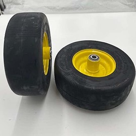 Hoosier Wheel Set of 2-13x5.00-6 Flat Free Yellow Lawn Mower Wheel Assembly - 5/8 Inch Hub