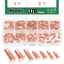 Keadic 170Pcs M2/M2.5/M3/M4 x 6/8/10mm Copper Brazier Head Solid Rivet Assortment Set, Solid Rivet Fasteners for Repairing Boats Furniture Electrical Automotive