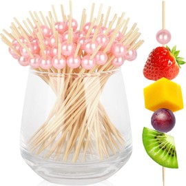 200PCS Cocktail Picks, Pink Pearl Decorative Toothpicks for Appetizers, 4.7 Inch Long Fancy Bamboo Skewers Wooden Charcuterie Sticks for Drinks Fruit Food Wedding Decor Party Supplies Bridal Shower