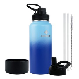 honogo 32 oz Powder Coated Double Wall Vacuum Insulated Sports Water Bottle, 18/8 Stainless Steel Wide Mouth Thermal Flask with Straw Lid & Spout Lid, Leak Proof, BPA Free (Blue Navy 32 oz)