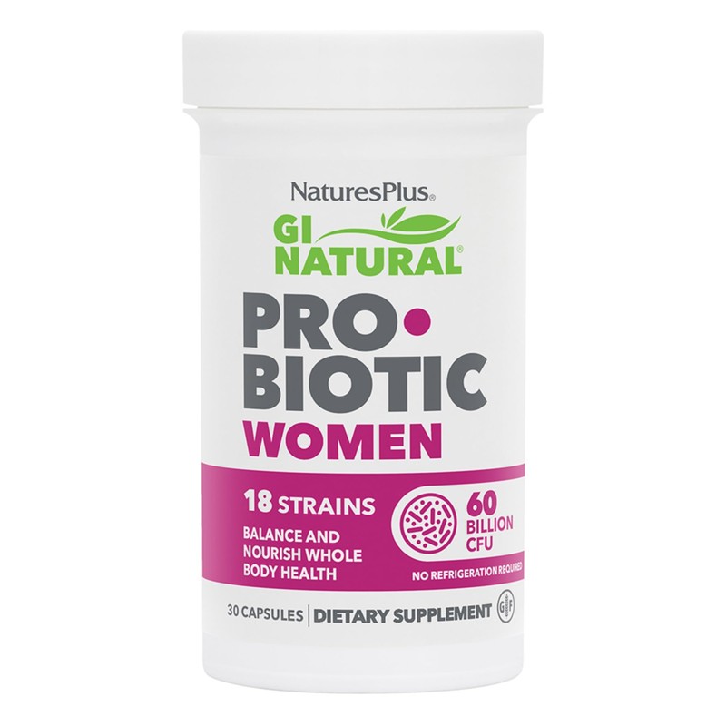 NaturesPlus GI Cápsulas probióticas naturales, para mujer, 30 cápsulas, 18