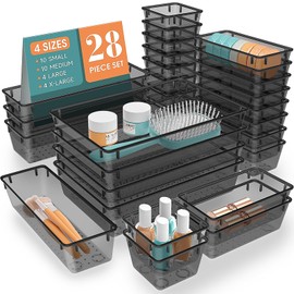 StorMiracle 28 PCS Clear Plastic Drawer Organizers Set, 4 Size Desk Drawer Organizer Trays for Makeup, Jewelry, Kitchen Utensils, Gadgets and Office Accessories, Black