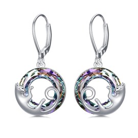 Cat Earrings Sterling Silver Dangle Drop Leverback Earrings with Purple Circle Crystal, Cat Jewelry Gifts for Cat Lovers