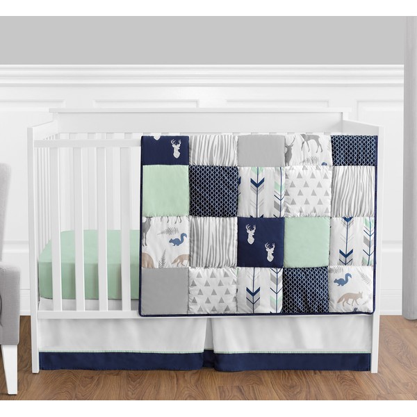 Navy Blue, Mint and Grey Woodsy Deer Boys Baby Bedding 4 Piece Crib Set