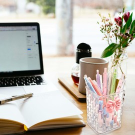 cgllwnmix Pen Holder for Desk Cute Acrylic Makeup Brush Holder, Woven Texture with Bow Decor, Desk Stationery Desktop Caddy Cosmetic Accessories for Office, Home, School, Kitchen - Clear White