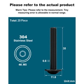 Drenky 20 Pcs Black Flanged Button Head Screws 304 Stainless Steel Pan Head Screws M5 X 35mm Fully Thread Machine Screws with Flat Head, Rustproof, Rounded Head Screws with Flange And Hexagon