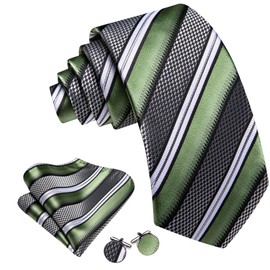 Barry.Wang Sage Green Black Grey Tie Set for Men Striped Silk Necktie Pocket Square Cufflinks Formal Wedding Party Business