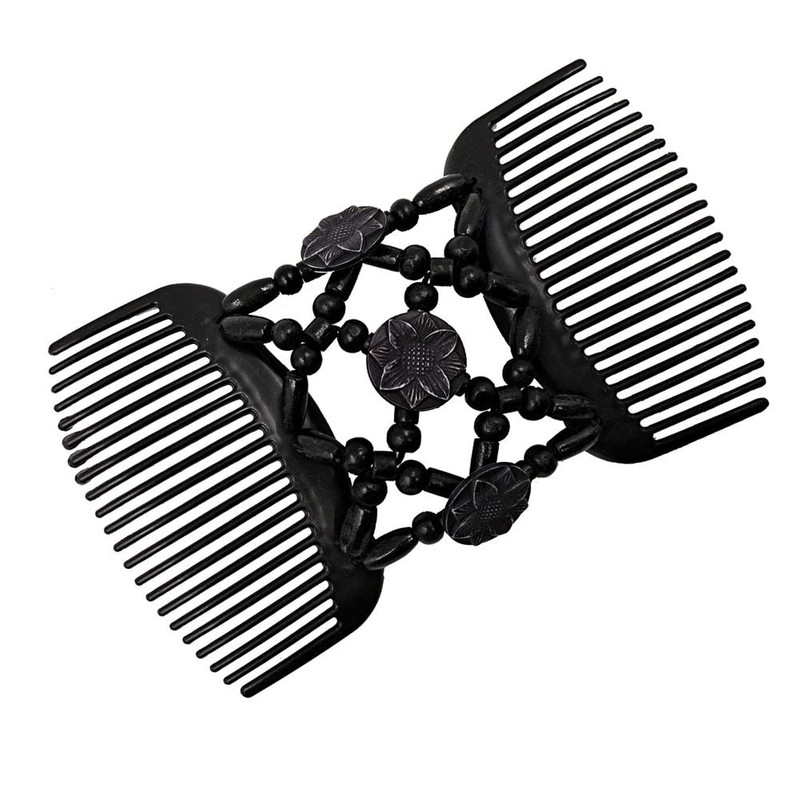LOVEF Women Magic Hair Combs Wood Beaded Stretch Double Side