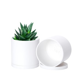 D'vine Dev 2 Pack 4 Inch Modern Plastic Plant Pots, Small Garden Planters for Plant with Drainage Holes and Saucers, White Color, 74-Z-E-1