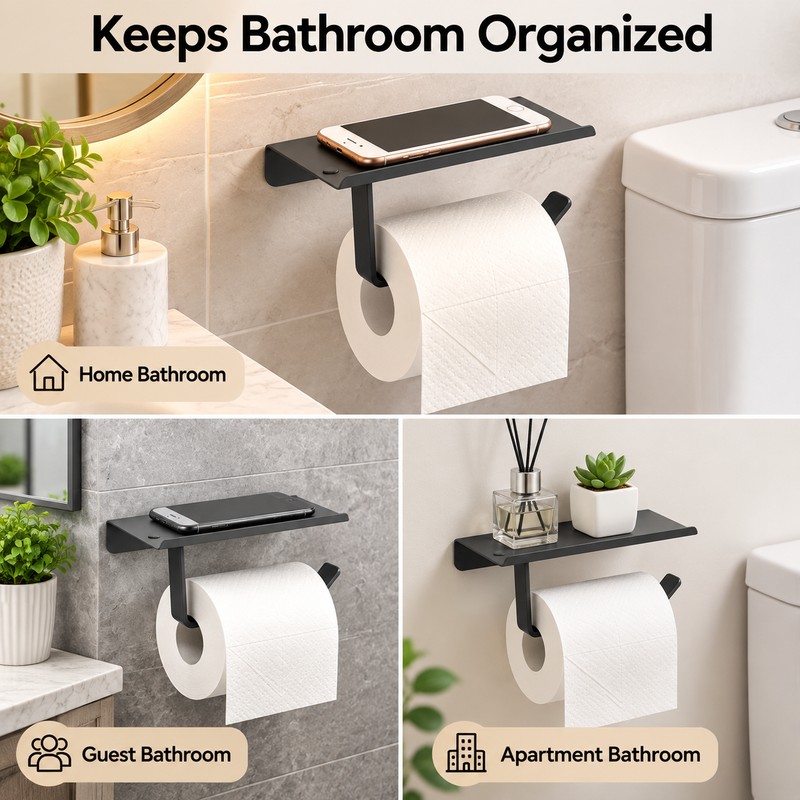 Stainless Steel Toilet Paper Holder with Phone Shelf – Wall
