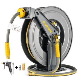 GLAHODEN Double Arm Retractable Air Hose Reel, 3/8 in × 65 ft Hybrid Hose Heavy Duty Steel Professional Air Compressor Hose Reel with 5 ft Lead in Max 300PSI Auto Rewind Quick Coupler Swivel Fitting