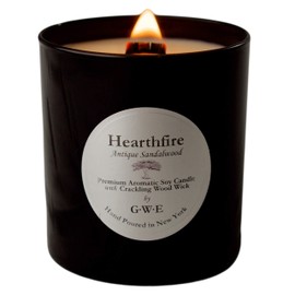 Hearthfire by GWE - Sandalwood Scented Natural Soy Candle Infused w/Natural Oils w/Soft Crackling Wood Wick- Dark Sweet Creamy Scent Aromatherapy - Hand Poured in The USA in Glossy Black Jar w/ Lid