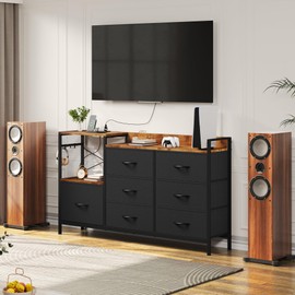 YITAHOME Dresser TV Stand for Bedroom with Charging Station, Wide Storage Chest of Drawers with 7 Large Fabric Drawers and Open Shelves, Storage Organizer Unit for Closet