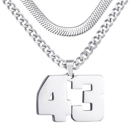 Number Necklace, Layered Necklace for Men, Jersey Number Necklace for Boy Athlete, 18+20 In Silver Chain for Men With Number 43 Pendant, Basketball Football Baseball Number Necklaces for Boys
