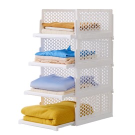 Pull-out Plastic Storage Basket,Stackable Closet Organizers Drawer Anti-Tipping, Reinforced Stable Shelf Container for Storage, Space-Saving Clothes Storage (white, Large-4pcs)