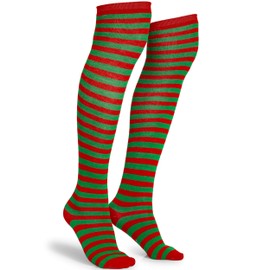 Skeleteen Red and Green Socks - Over the Knee Thigh High Striped Elf Costume Accessories Stockings for Men, Women and Kids