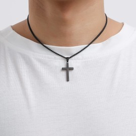 RS Black Cross Necklace for Men Boys Stainless Steel Pendant Chain Religious Christian Baptism Catholic Confirmation Jewelry Gifts Teen Teenage Son Him