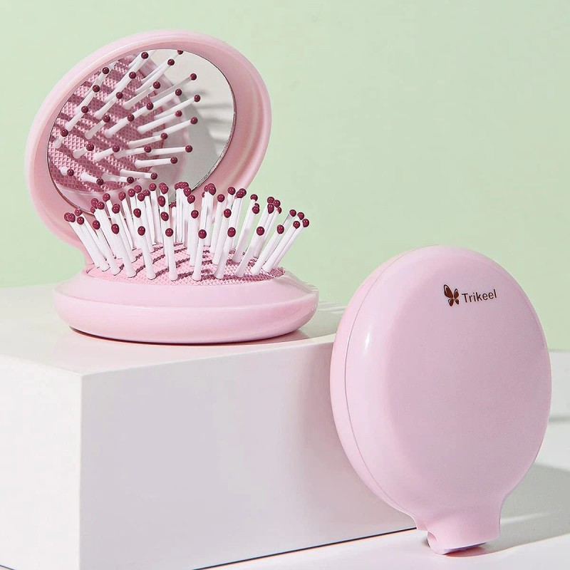 Trikeel Mini Folding Hair Brush with Mirror Travel Pink