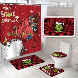 Jyumini 4Pcs Christmas Shower Curtain Sets with Non-Slip Rugs, Toilet Lid Cover and Non-Slip U Shape Bath Mat, Bathroom Sets with 12 Hooks Xmas Holiday Home Decor