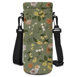 AORTDES Neoprene Water Bottle Carrier Bag with Adjustable Shoulder Strap for Men Women Walking Hiking,Portable Insulated Holder Case for Stainless Steel/Glass/Plastic Bottles (Green,Flowers, 500ML)