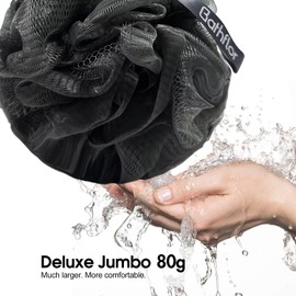 Bathflor Shower Loofah Sponge Exfoliating Body Scrubber 80g, Charcoal Loofa for Women & Men Bath Wash: 1 Long Handle Back Brush Plus 4 Packs Extra Large 80g Soft Mesh Luffa Poufs, 1 Lufa Hook (Gray)