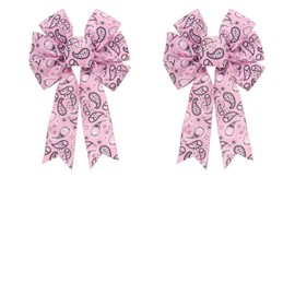 Threetols 2 Pack Paisley Print Wreath Bow, Pink Bandana Flower Bows for Wreath Vintage Decoration Bows for Indoor Outdoor Farmhouse Party DIY Craft Wreath Bow Decor