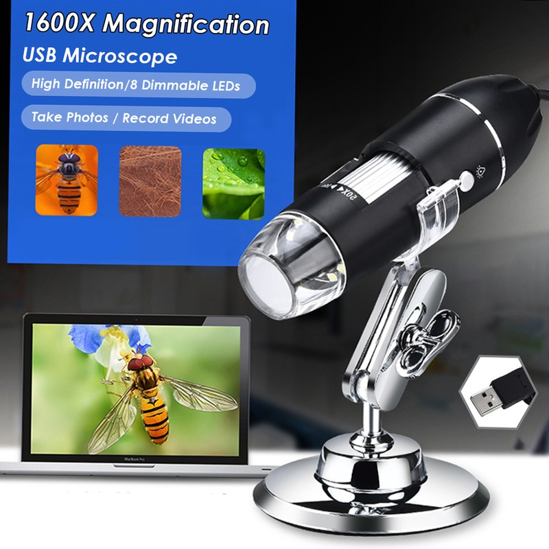 USB Digital Microscope 1600X Magnification Camera 8 LEDs with Stand