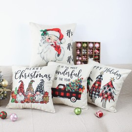 NIULAA Decorative Cushion Cover, 50 x 50 cm, Set of 4, Linen, Christmas, Dwarfs, Living Room, Christmas Decoration Cushion Cover, for Sofa Cushion, Outdoor Couch Cushion
