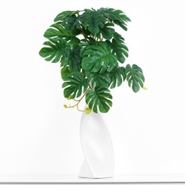Ceramic Modern Minimalist Twisted Slender Vase for Flowers Paired with Artificial Plants,Decor Living Room, Cabinet, Dinner Table, Mantel, Office and Hotel. Overall Height:14.5 Inch (WV-Monstera)