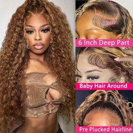htsly Highlight Ombre 13x6 HD Lace Front Wig Human Hair Water Wave Honey Blonde Hd Lace Front Wig Human Hair Pre Plucked 180% Density 4/27 Wet Wavy Curly Frontal Wig Colored Glueless Wig 22 Inch