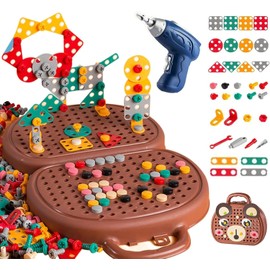 Montessori Toys Tool Set Play Toolbox for Boys Ages 3-12 Years Old, Bear Tool Box Fine Motor DIY STEM Toy, Puzzle Game Toy Set with Electric Drill Screw Tool Set, Creative Kids