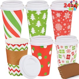 JOYIN 24 Pcs 16 oz Christmas Disposable Cups with Lids and Coffee Cup Sleeves for Xmas Holiday Table Decorations, Hot Chocolate Cold Beverage Party Supplies