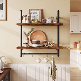 Bestier Floating Shelves Kitchen Shelves Wall Mounted 24" 2 Tier Ladder Shelves with Tower Bar, Wall Decor for Bathroom, Bedroom, Living Room, Coffee bar & Balcony, Rustic Brown