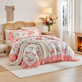 Flower Comforter Set Twin Size 68 * 86in - White Pink Floral with Green Leave Style -3 Pieces Shabby Chic Farmhouse Bedding with Ruffled Fringe Rustic Lightweight Fluffy Ruffle Comforter with Shams