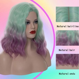 Short Bob Wavy Curly Wig Light Green Ombre Purple Wig For Women Cosplay Halloween Wigs Heat Resistant Bob Party Wig Include Wig Cap (Light Green Ombre Purple)