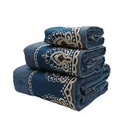 Marina Decoration Premium Luxury Decor Ultra Soft 100% Cotton Sheer Lace Bathroom Modern 3 Piece Towel Set, Blue Color