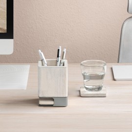 Anji Mountain Mango Wood Pen Holder with 2 Coasters, Stained Wood & Powder Coated Metal Pen Holder, Sustainable Room Decor Desk Organizer, Stylish Designer Pencil Case for Office Supplies