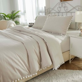 Pom Pom Duvet Cover Set 3Pcs Beige Grey, 100% Washed Cotton Quilt Cover Soft Breathable for All Seasons,Twin Size