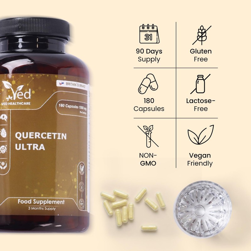 Quercetin 1000mg Supplement, 180 Vegan Capsules, 90 Day Supply