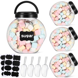 Baderke 4 Sets Plastic Candy Jar with Lid and 4 Scoops 33.8 oz Clear Containers for Candy Buffet Round Cookie Jars with Labels for Snack Food Kitchen Counter Decorative Display Party