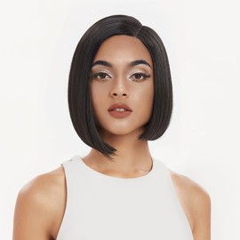 NOBLE Black Lace Front Bob Wigs Side Part Straight Bob Wig 10” Short Swiss Lace Heat Resistant Fibers Asymmetrical Wig.
