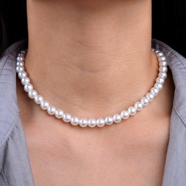 Atentuyi Boho Round White Pearl Strand Necklace Silver Dainty Pearl Necklace Bridal Pearl Choker Beaded Bead Pearl Chain Necklace Wedding Necklace Simple Pearl Collar Necklace Jewelry for Women