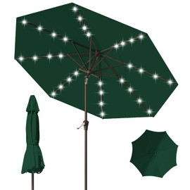Tobeos 9FT Patio Umbrella with Solar Lights,Outdoor Market Umbrella with Tilt and Crank, LED Lighted Table Umbrella for Garden,Deck,Backyard,Pool,Beach(Dark Green)