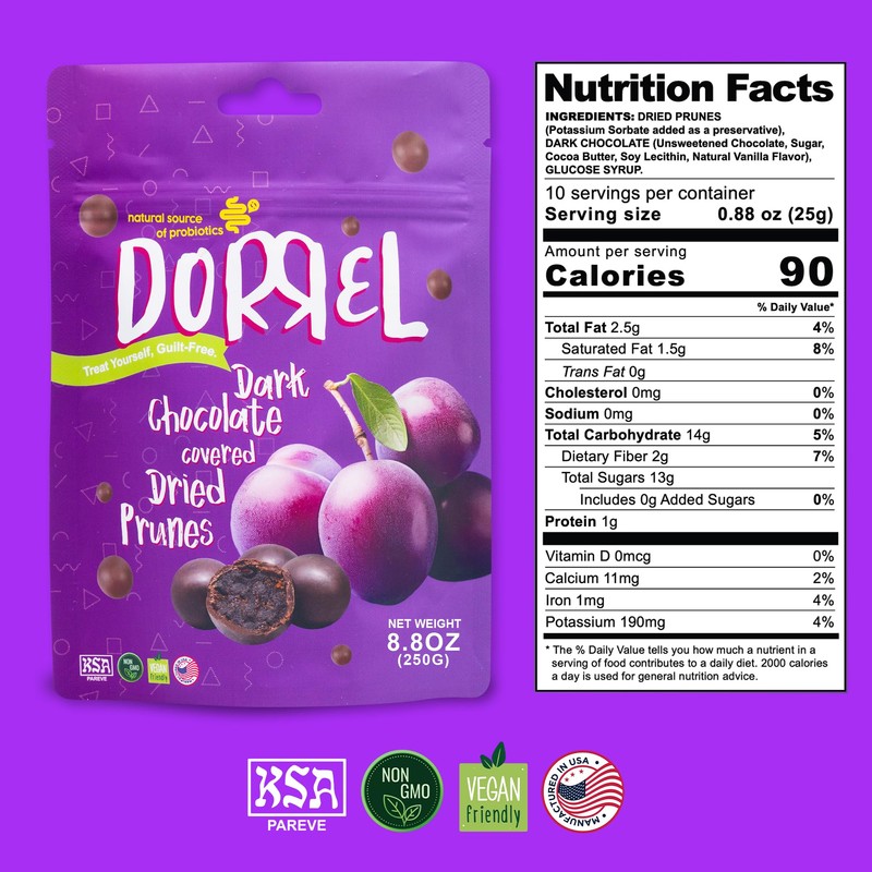 Dorrel Dark Chocolate Covered Dried Prunes - Nutritious and Sweet