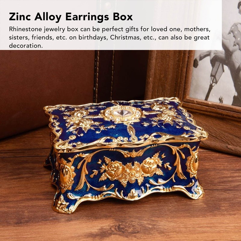 Royalblue Rhinestone Jewelry Box Ring Retro Flower Engraved Earrings Necklace