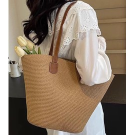 NTUQCAW Straw Beach Bag for Women Summer Beach Bag Large Beach Tote Bag Woman Shoulder Bag for Beach Travel Shopping Vacation Swim Pool Holiday Essentials Beach Tote Bags with Zipper (45cm*30cm*14cm)